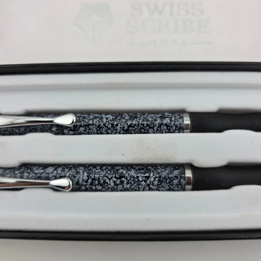 Swiss Scribe Ballpoint Pen Pencil Set of 2 2-Pack Gift Boxed Granite GOOD Desk
